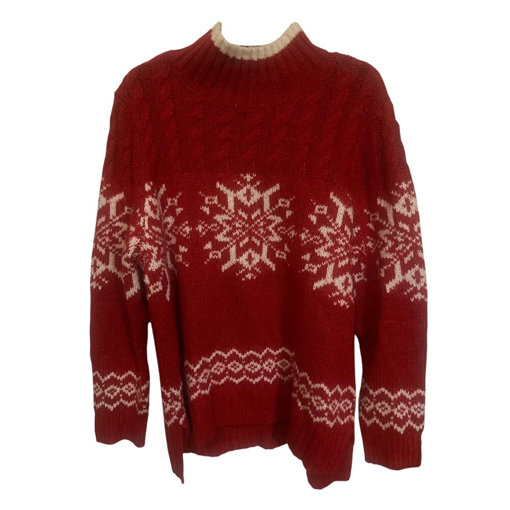 Talbots Women’s XL Red Fair Isle Snowflake Mock Neck Sweater Wool Blend